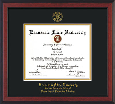 Image of Kennesaw State University Diploma Frame - Southern Polytechnic College of Engineering - Cherry Reverse - with KSU Seal - and SPC Engineering Name - Black on Gold mat
