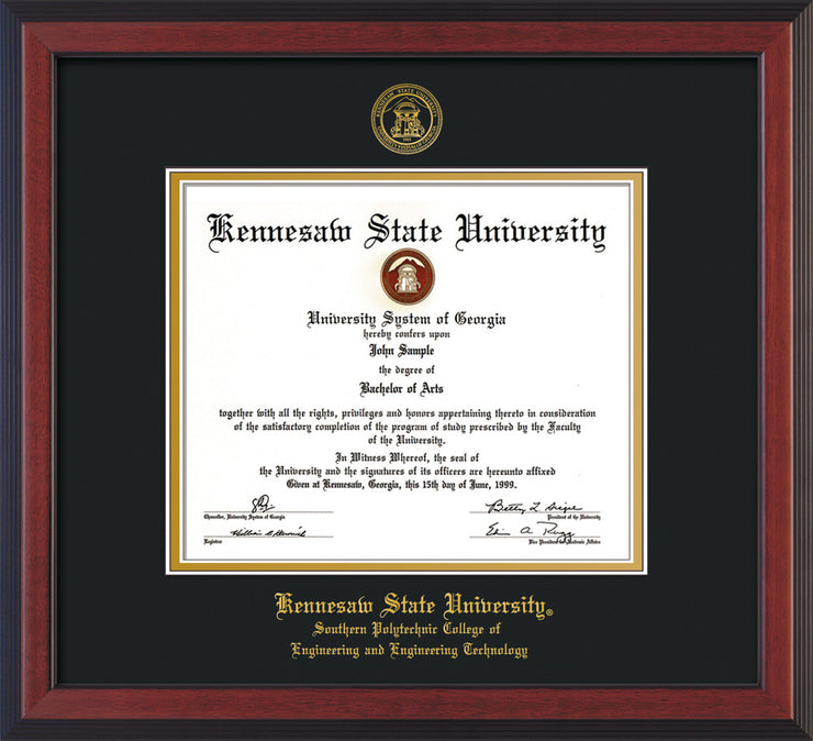 Image of Kennesaw State University Diploma Frame - Southern Polytechnic College of Engineering - Cherry Reverse - with KSU Seal - and SPC Engineering Name - Black on Gold mat