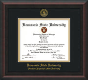 Image of Kennesaw State University Diploma Frame - Southern Polytechnic State Univeristy - Mahogany Braid - with KSU Seal - and SPSU Name - Black on Gold mat