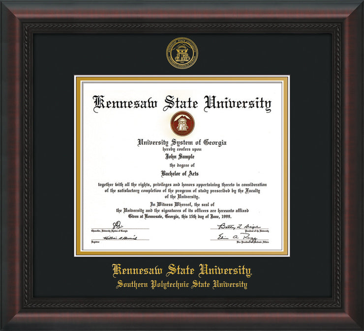 Image of Kennesaw State University Diploma Frame - Southern Polytechnic State Univeristy - Mahogany Braid - with KSU Seal - and SPSU Name - Black on Gold mat