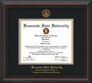 Image of Kennesaw State University Diploma Frame - Southern Polytechnic College of Engineering - Mahogany Braid - with KSU Seal - and SPC Engineering Name - Black on Gold mat