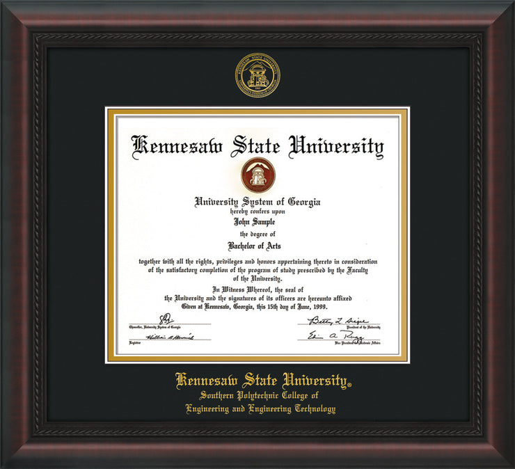 Image of Kennesaw State University Diploma Frame - Southern Polytechnic College of Engineering - Mahogany Braid - with KSU Seal - and SPC Engineering Name - Black on Gold mat