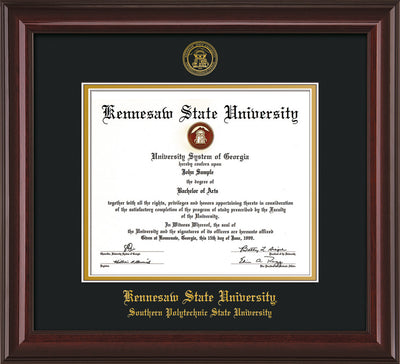 Image of Kennesaw State University Diploma Frame - Southern Polytechnic State Univeristy - Mahogany Lacquer- with KSU Seal - and SPSU Name - Black on Gold mat
