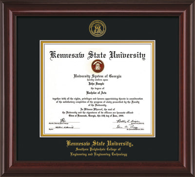 Image of Kennesaw State University Diploma Frame - Southern Polytechnic College of Engineering - Mahogany Lacquer- with KSU Seal - and SPC Engineering Name - Black on Gold mat