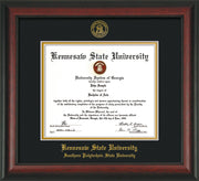 Image of Kennesaw State University Diploma Frame - Southern Polytechnic State Univeristy - Rosewood - with KSU Seal - and SPSU Name - Black on Gold mat