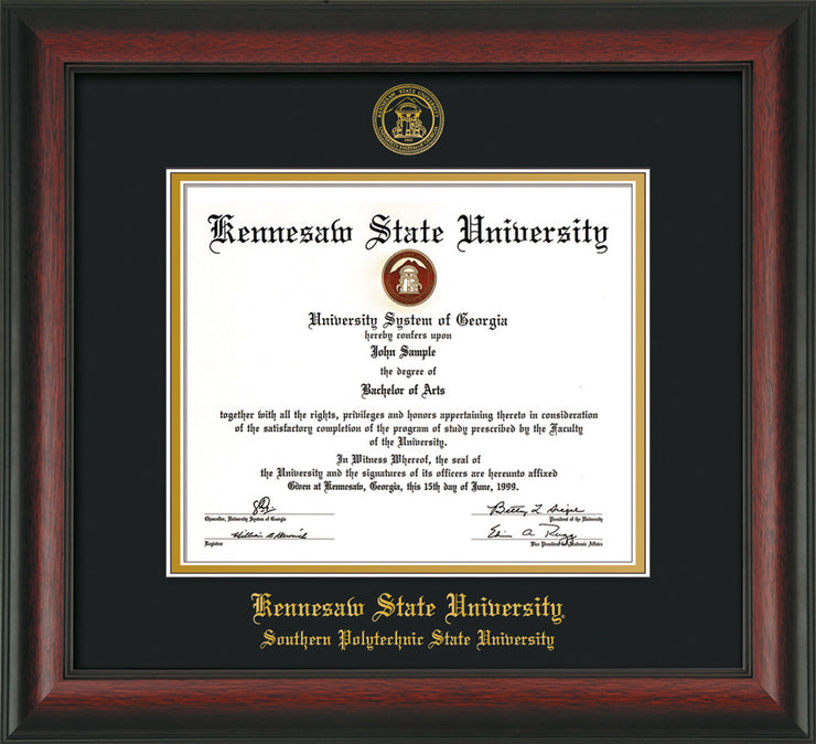 Image of Kennesaw State University Diploma Frame - Southern Polytechnic State Univeristy - Rosewood - with KSU Seal - and SPSU Name - Black on Gold mat