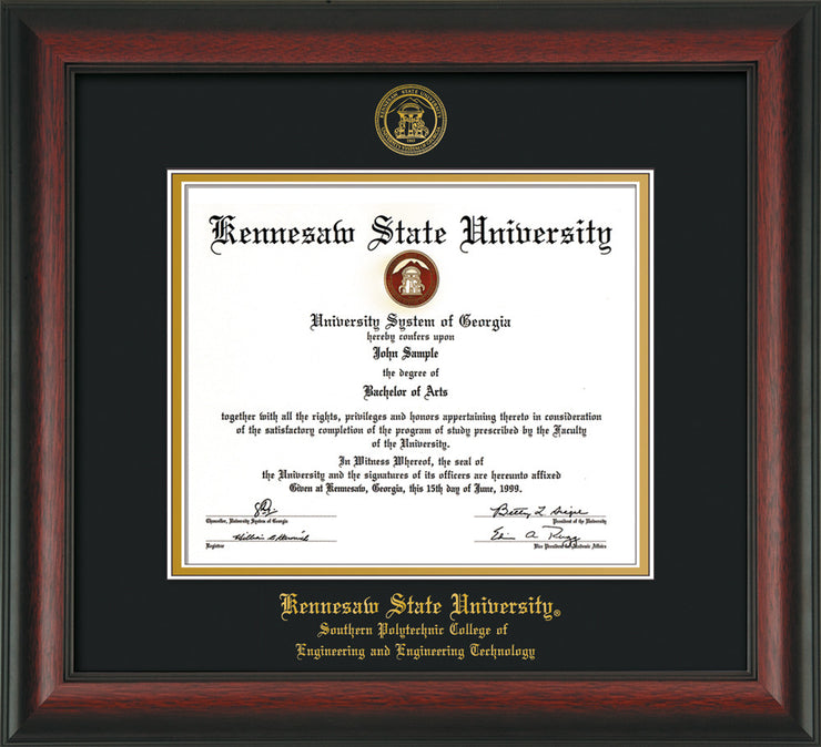 Image of Kennesaw State University Diploma Frame - Southern Polytechnic College of Engineering - Rosewood - with KSU Seal - and SPC Engineering Name - Black on Gold mat