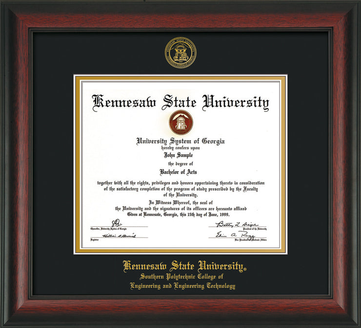 Image of Kennesaw State University Diploma Frame - Southern Polytechnic College of Engineering - Rosewood - with KSU Seal - and SPC Engineering Name - Black on Gold mat