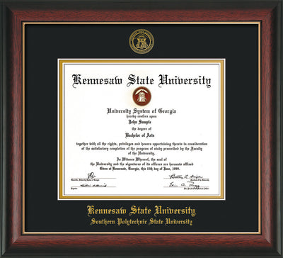 Image of Kennesaw State University Diploma Frame - Southern Polytechnic State Univeristy - Rosewood w/Gold Lip - with KSU Seal - and SPSU Name - Black on Gold mat
