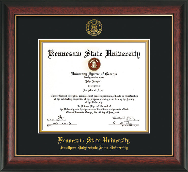 Image of Kennesaw State University Diploma Frame - Southern Polytechnic State Univeristy - Rosewood w/Gold Lip - with KSU Seal - and SPSU Name - Black on Gold mat