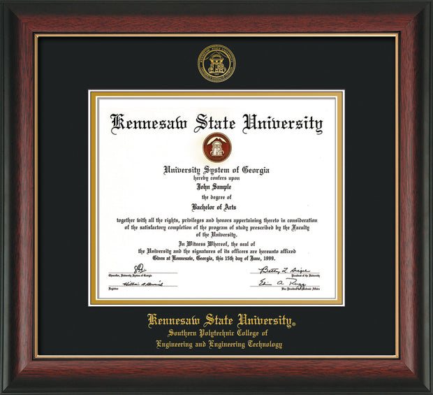 Image of Kennesaw State University Diploma Frame - Southern Polytechnic College of Engineering - Rosewood w/Gold Lip - with KSU Seal - and SPC Engineering Name - Black on Gold mat