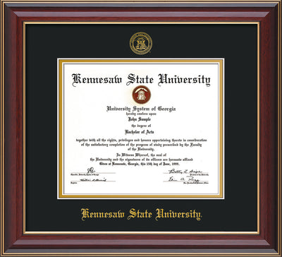 Image of Kennesaw State University Diploma Frame - Cherry Lacquer - w/Embossed KSU Seal & Name - Black on Gold mats