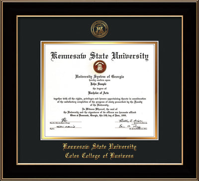 Image of Kennesaw State University Diploma Frame - Coles College of Business - Black Lacquer- with KSU Seal - and Coles embossing - Black on Gold mat