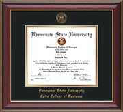 This is a Kennesaw State University Diploma Frame - Coles College of Business - Cherry Lacquer- with KSU Seal - and Coles embossing - Black on Gold mat