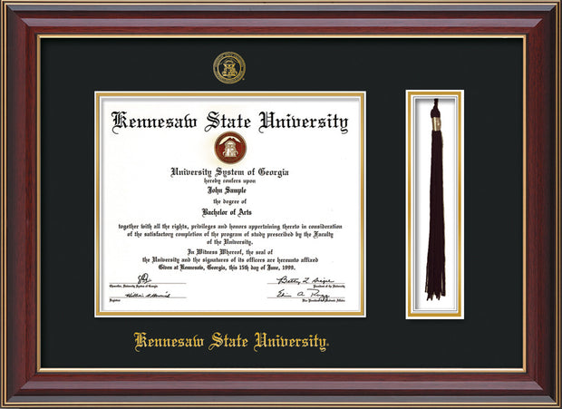 Image of Kennesaw State University Diploma Frame - Cherry Lacquer - w/KSU Embossed Seal & School Name - Tassel Holder - Black on Gold mat