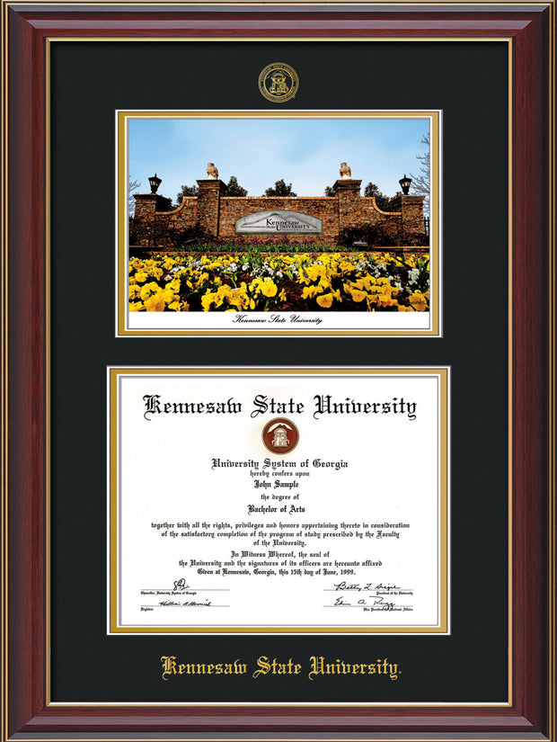 Image of Kennesaw State University Diploma Frame - Cherry Lacquer - with KSU Seal - Campus Watercolor - Black on Gold mat