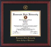 This is a Kennesaw State University Diploma Frame - Coles College of Business - Cherry Reverse- with KSU Seal - and Coles embossing - Black on Gold mat