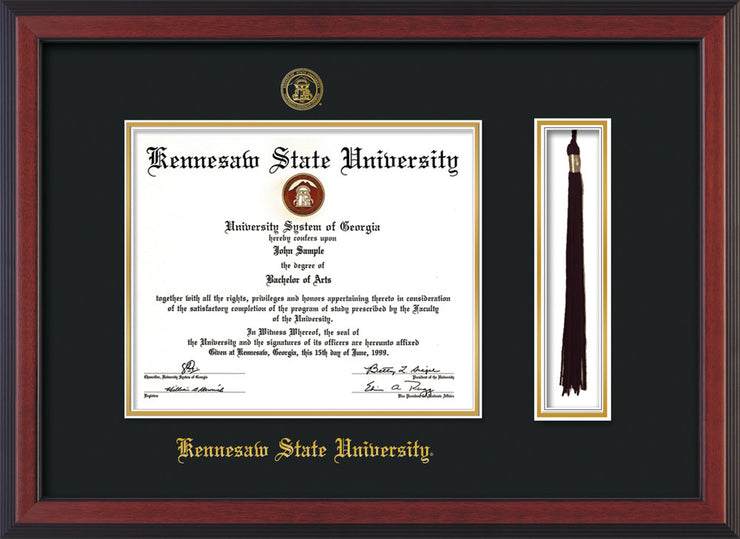Image of Kennesaw State University Diploma Frame - Cherry Reverse - w/KSU Embossed Seal & School Name - Tassel Holder - Black on Gold mat
