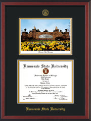Image of Kennesaw State University Diploma Frame - Cherry Reverse - with KSU Seal - Campus Watercolor - Black on Gold mat