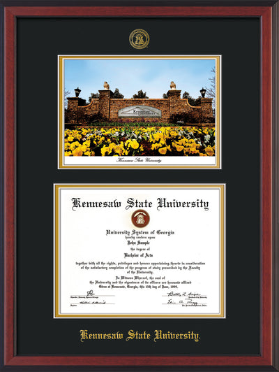 Image of Kennesaw State University Diploma Frame - Cherry Reverse - with KSU Seal - Campus Watercolor - Black on Gold mat