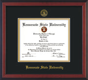 Image of Kennesaw State University Diploma Frame - Cherry Reverse - w/Official Embossing of KSU Seal & Name - Black on Gold mats