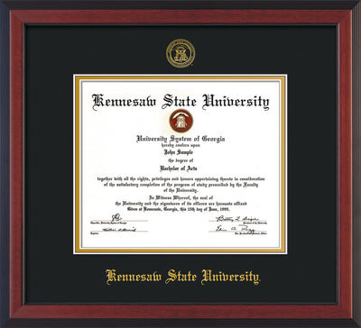 Image of Kennesaw State University Diploma Frame - Cherry Reverse - w/Official Embossing of KSU Seal & Name - Black on Gold mats