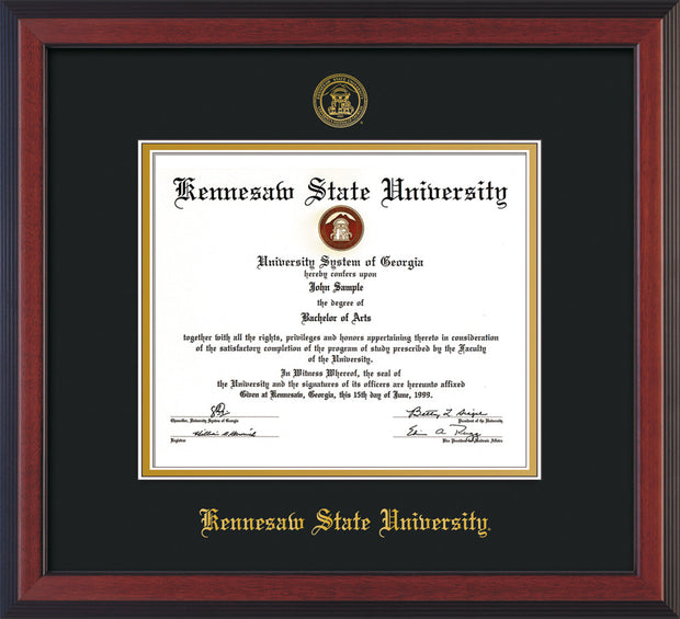 Image of Kennesaw State University Diploma Frame - Cherry Reverse - w/Official Embossing of KSU Seal & Name - Black on Gold mats