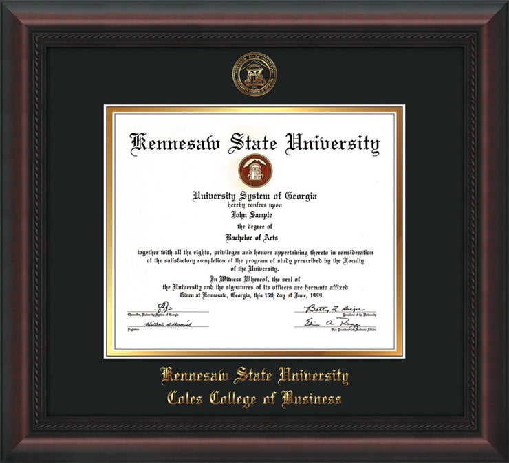 This is a Kennesaw State University Diploma Frame - Coles College of Business - Mahogany Braid - with KSU Seal - and Coles embossing - Black on Gold mat