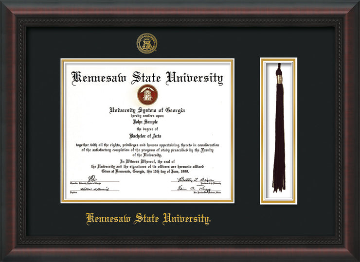Image of Kennesaw State University Diploma Frame - Mahogany Braid - w/KSU Embossed Seal & School Name - Tassel Holder - Black on Gold mat