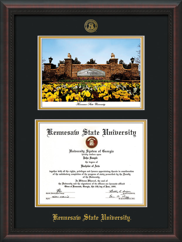 Image of Kennesaw State University Diploma Frame - Mahogany Braid - with KSU Seal - Campus Watercolor - Black on Gold mat