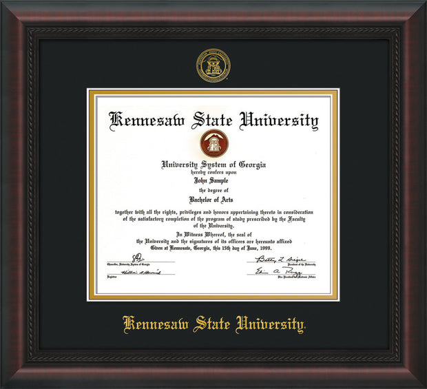 Image of Kennesaw State University Diploma Frame - Mahogany Braid - w/Embossed KSU Seal & Name - Black on Gold mats
