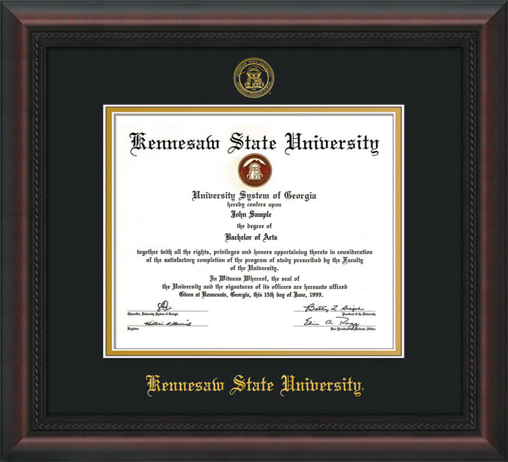 Image of Kennesaw State University Diploma Frame - Mahogany Braid - w/Embossed KSU Seal & Name - Black on Gold mats