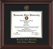 This is a Kennesaw State University Diploma Frame - Coles College of Business - Mahogany Lacquer - with KSU Seal - and Coles embossing - Black on Gold mat