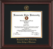 This is a Kennesaw State University Diploma Frame - Coles College of Business - Mahogany Lacquer - with KSU Seal - and Coles embossing - Black on Gold mat