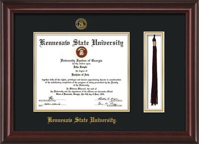 Image of Kennesaw State University Diploma Frame - Mahogany Lacquer - w/KSU Embossed Seal & School Name - Tassel Holder - Black on Gold mat