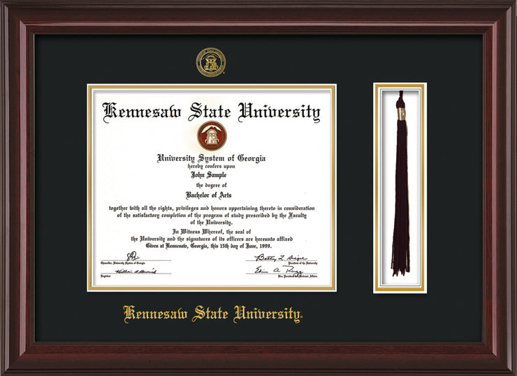 Image of Kennesaw State University Diploma Frame - Mahogany Lacquer - w/KSU Embossed Seal & School Name - Tassel Holder - Black on Gold mat
