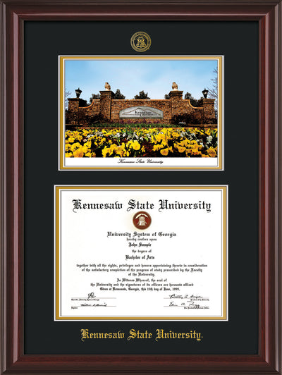 Image of Kennesaw State University Diploma Frame - Mahogany Lacquer - with KSU Seal - Campus Watercolor - Black on Gold mat