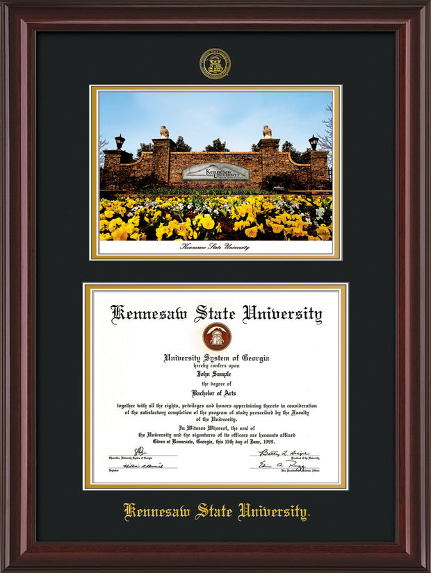 Image of Kennesaw State University Diploma Frame - Mahogany Lacquer - with KSU Seal - Campus Watercolor - Black on Gold mat