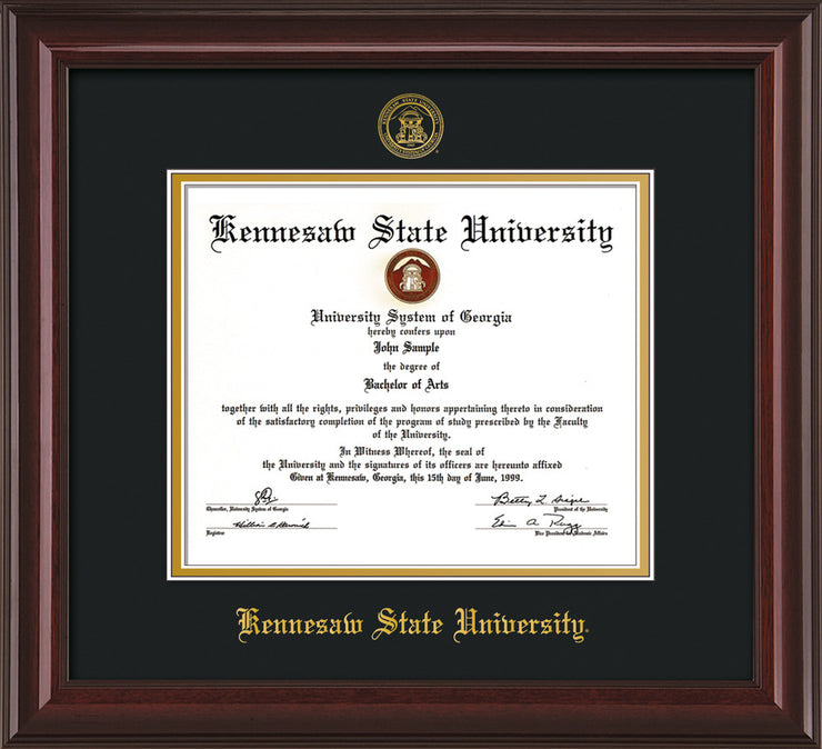 Image of Kennesaw State University Diploma Frame - Mahogany Lacquer - w/Embossed KSU Seal & Name - Black on Gold mats