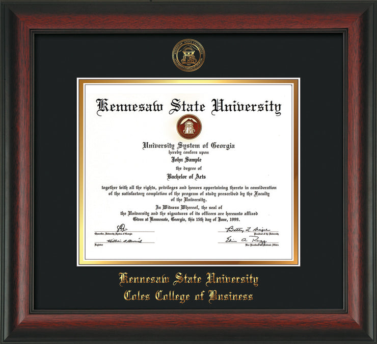 This is a Kennesaw State University Diploma Frame - Coles College of Business - Rosewood - with KSU Seal - and Coles embossing - Black on Gold mat