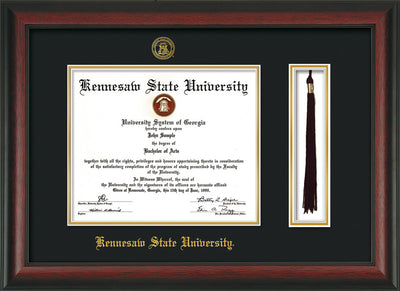 Image of Kennesaw State University Diploma Frame - Rosewood - w/KSU Embossed Seal & School Name - Tassel Holder - Black on Gold mat