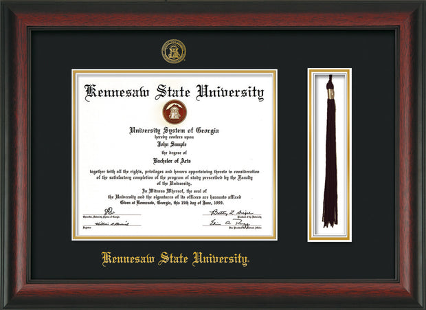 Image of Kennesaw State University Diploma Frame - Rosewood - w/KSU Embossed Seal & School Name - Tassel Holder - Black on Gold mat