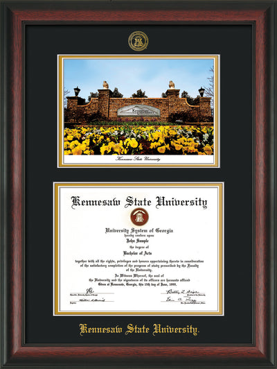 Image of Kennesaw State University Diploma Frame - Rosewood - with KSU Seal - Campus Watercolor - Black on Gold mat
