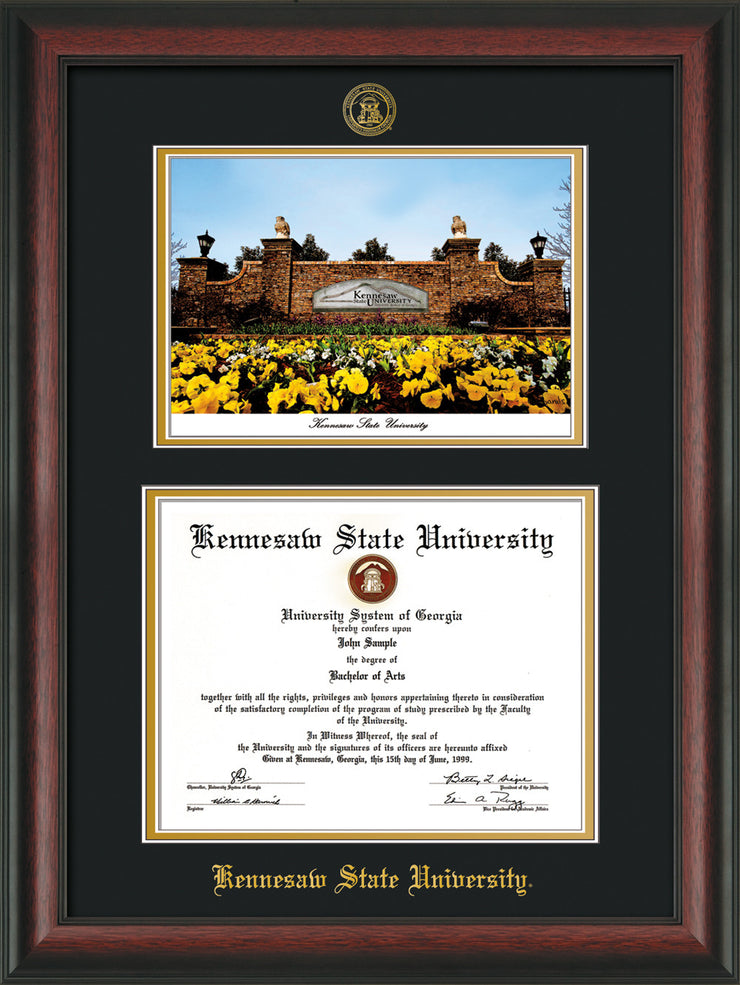 Image of Kennesaw State University Diploma Frame - Rosewood - with KSU Seal - Campus Watercolor - Black on Gold mat