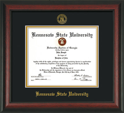 Image of Kennesaw State University Diploma Frame - Rosewood - w/Embossed KSU Seal & Name - Black on Gold mats