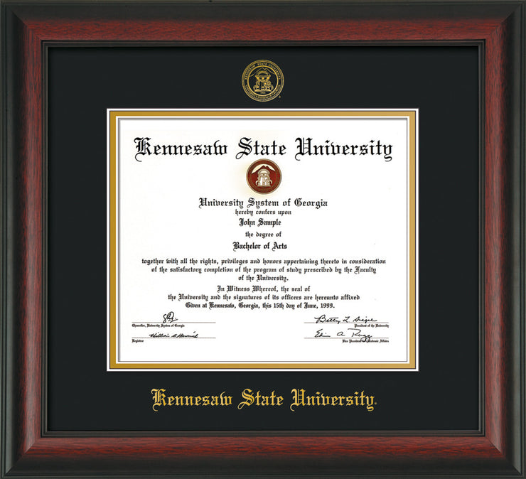 Image of Kennesaw State University Diploma Frame - Rosewood - w/Embossed KSU Seal & Name - Black on Gold mats