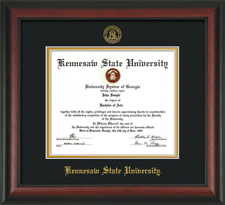 Image of Kennesaw State University Diploma Frame - Rosewood - w/Embossed KSU Seal & Name - Black on Gold mats