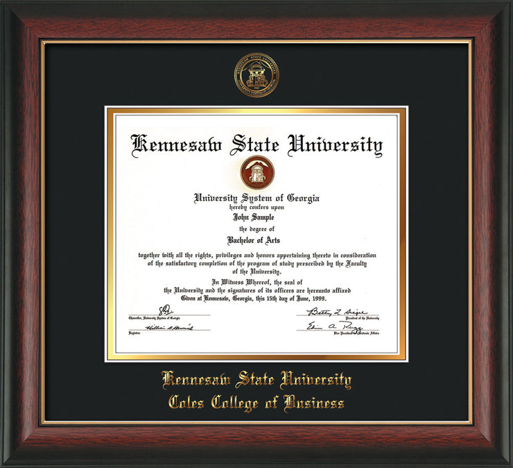 This is a Kennesaw State University Diploma Frame - Coles College of Business - Rosewood with Gold Lip - with KSU Seal - and Coles embossing - Black on Gold mat