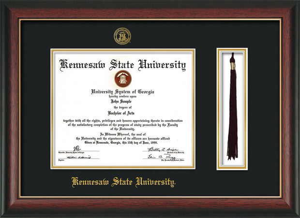 Image of Kennesaw State University Diploma Frame - Rosewood w/Gold Lip - w/KSU Embossed Seal & School Name - Tassel Holder - Black on Gold mat