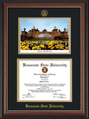 Image of Kennesaw State University Diploma Frame - Rosewood with Gold Lip - with KSU Seal - Campus Watercolor - Black on Gold mat